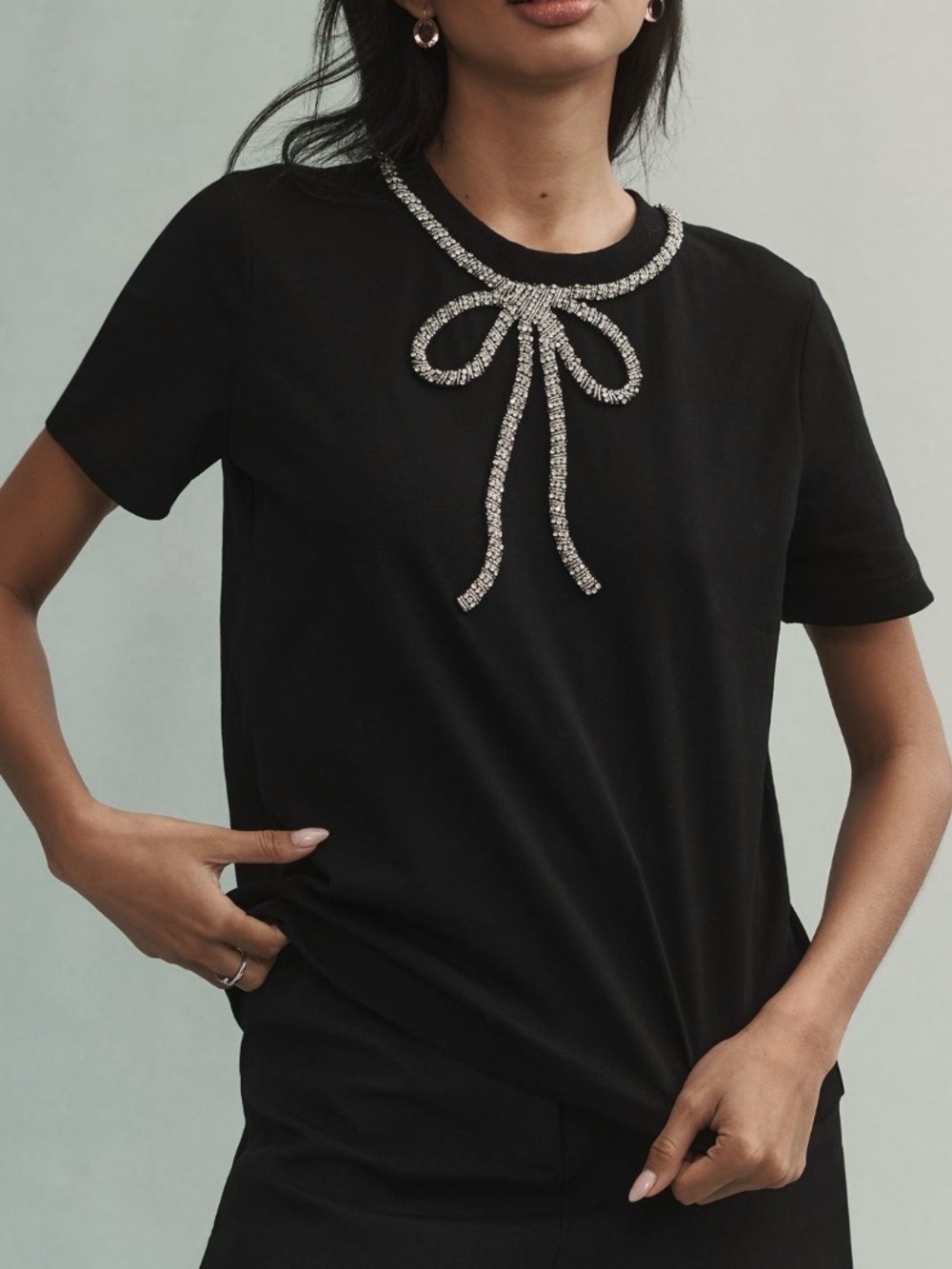 Anthropologie Maeve Rhinestone Bow Tee Shirt Black Silver Sparkly Size XXS New